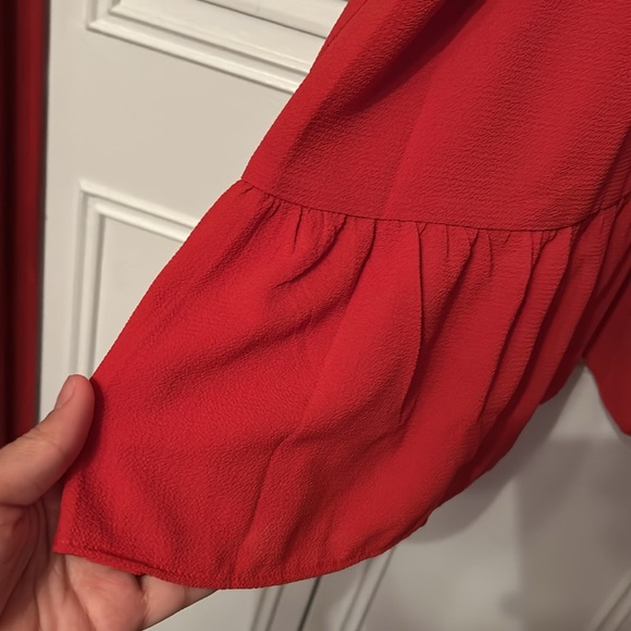 Donna Morgan Women's Long Sleeve Asymmetrical Hem Flounce Dress w/tie fluttering - Picture 9 of 10